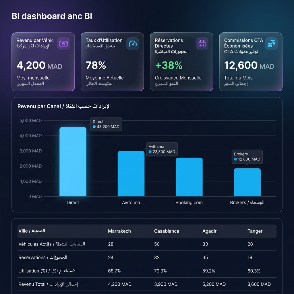 ToutSuite Location auto — Analytics BI, revenu par véhicule & canal